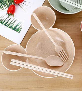 Kid Cartoon Mouse Mickey Bowl Dishes Wheat Straw Baby Feeding Bowl Tableware Wheat Plate for Children Infant Training Dinnerware
