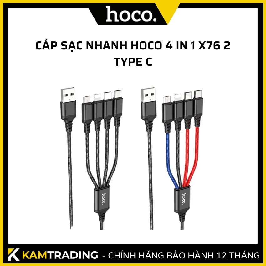Dây sạc nhanh hoco x76 4 in 1 có 2 đầu type c và lightning micro - kamtrading