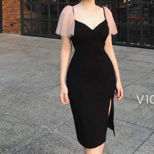 đầm body xẻ đùi tay phối lưới kết ngọc