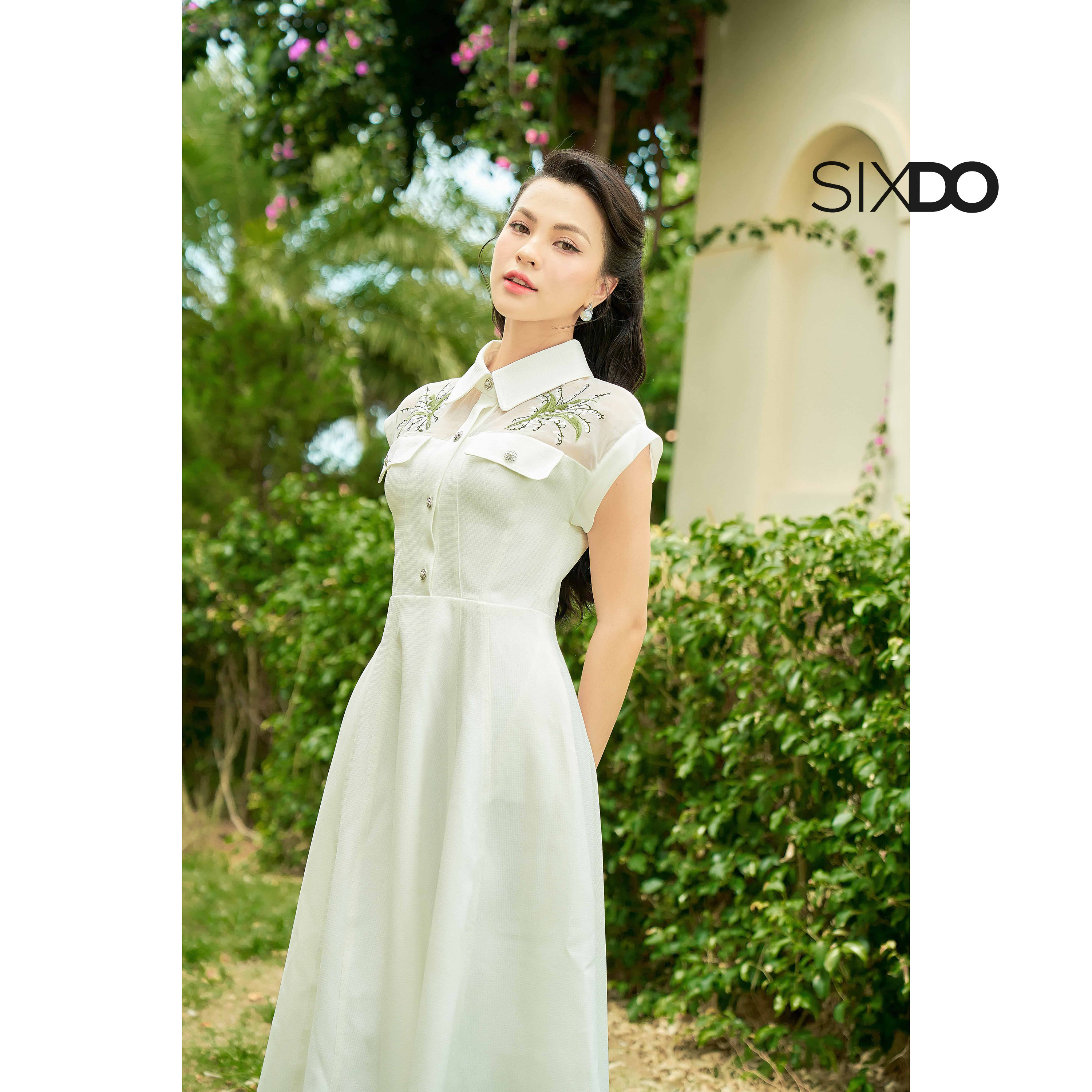 Đầm trắng thô phối hoa thêu cổ sơ mi SIXDO (White Midi Raw Dress With Embroidered Flowers)