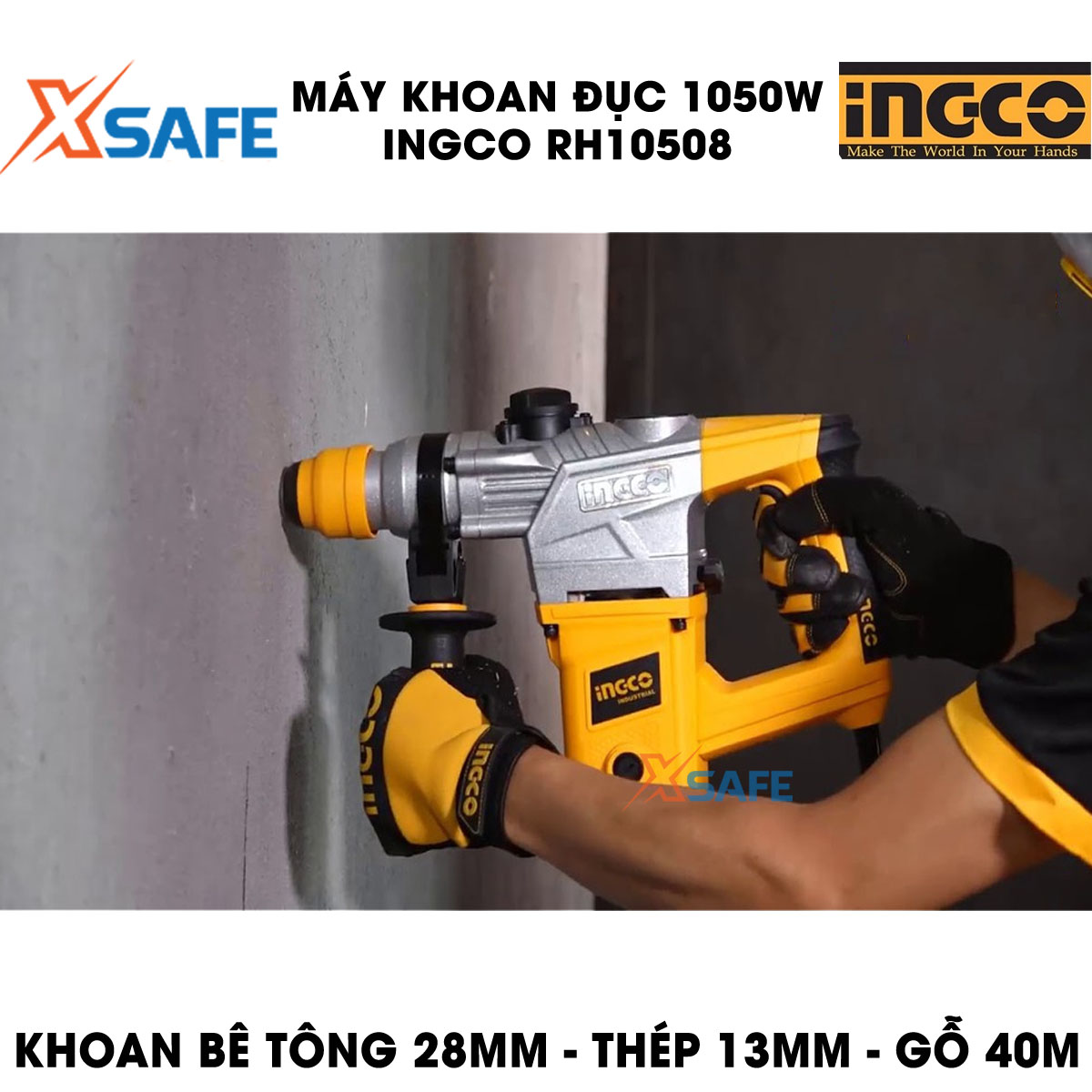 Máy khoan búa cầm tay 3 chức năng 1050w Ingco RH10508 đầu khoan gài sds, tốc độ 900rpm; tốc độ đập 4000bpm, lực đập 5j, khả năng khoan bê tông 28 mm, đục 14mm, thép 13mm, kèm 3 mũi khoan gài, 2 mũi đục Máy khoan đ