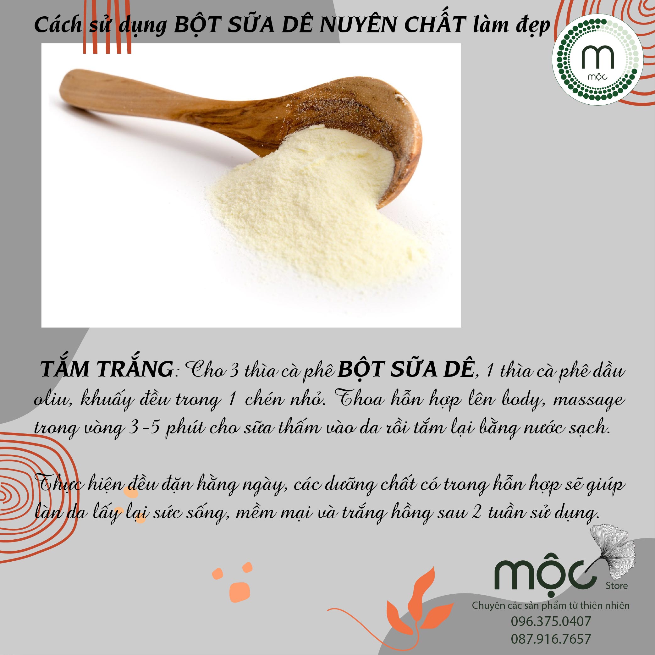 Bột sữa dê nguyên chất đắp mặt nạ MỘC - dưỡng ẩm, trắng da, giúp da mịn màng, chống lão hóa túi dùng thử 10g, chai 100ml và 200ml handmade