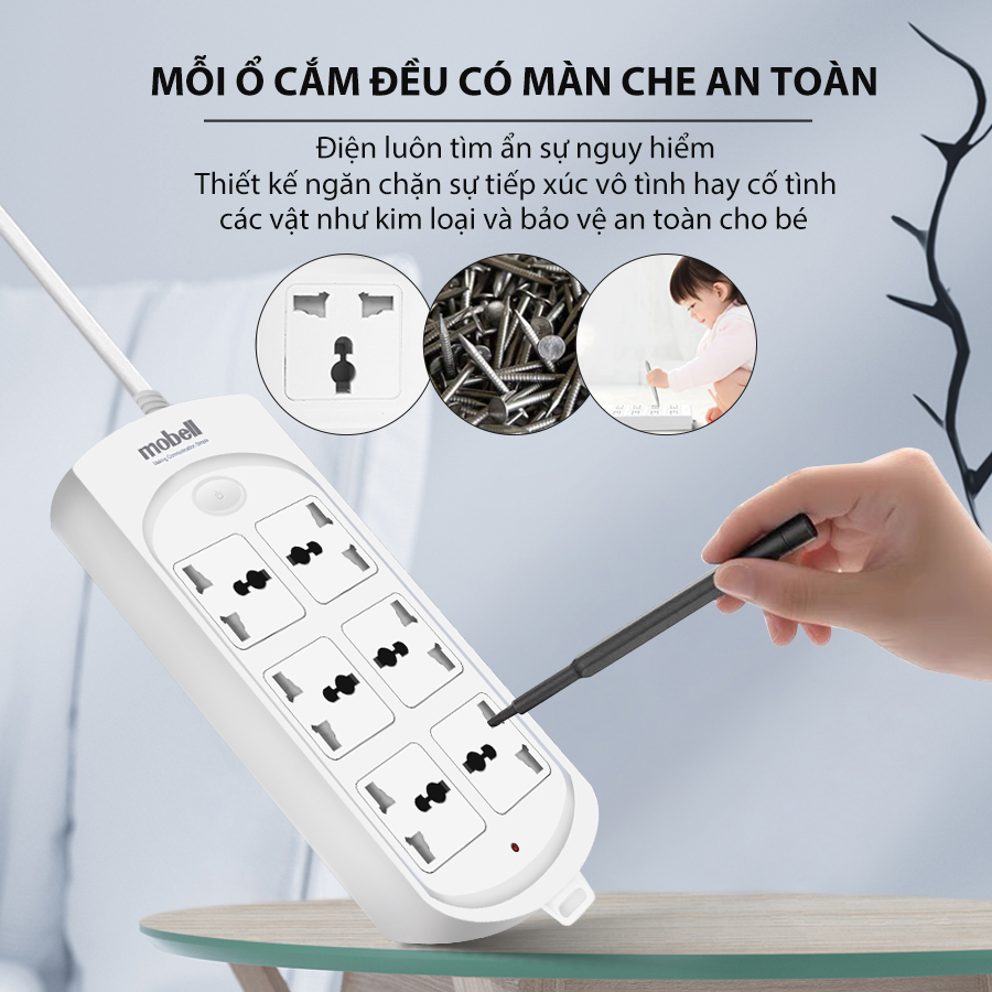 Ổ cắm điện đa năng nhiều lỗ có công tắc nắp che an toàn chất liệu nhựa ABS chống cháy chịu nhiệt tốt công suất 2500W ổ cắm điện