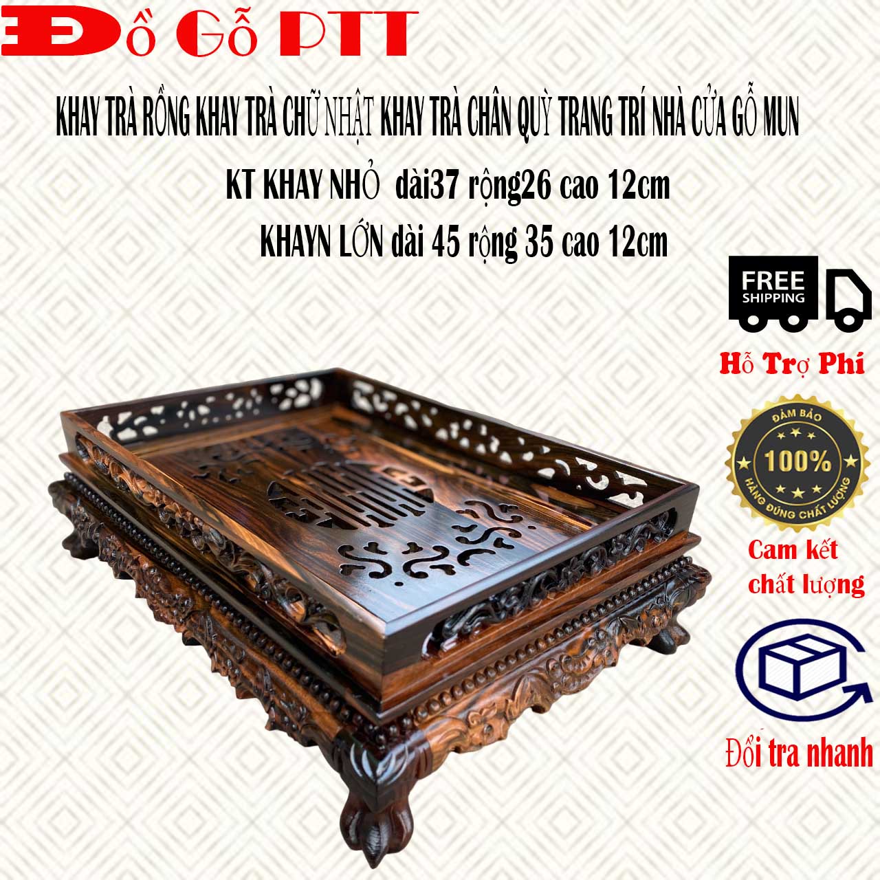 Khay trà rồng chầu gỗ mun,Khay trà chân quỳ cỡ nhỏ 38x26,to 45x35
