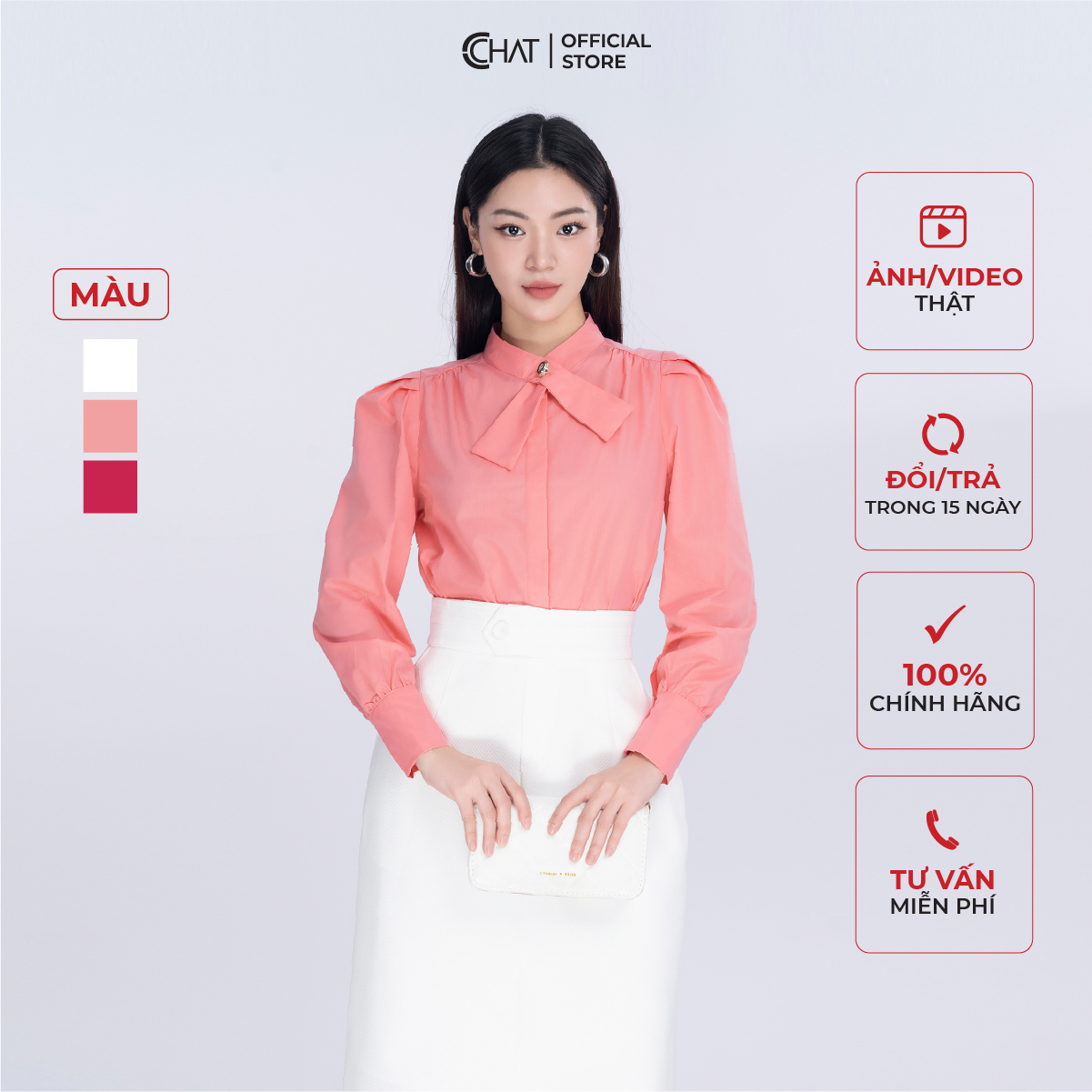 Áo Sơ Mi Nữ CCHAT Cổ Nơ Chất Thô Cao Cấp 23FDT2006ST
