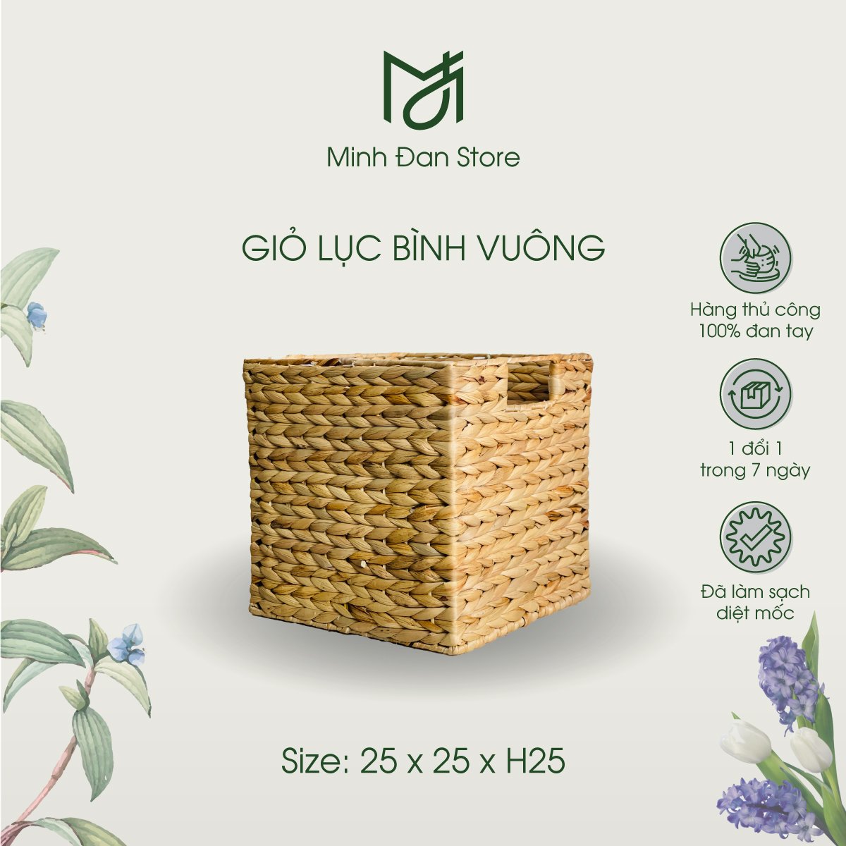 Giỏ lục bình vuông xương cá khung sắt có tay cầm có vải lót đan thủ công, đựng đồ đa năng, đựng quần áo
