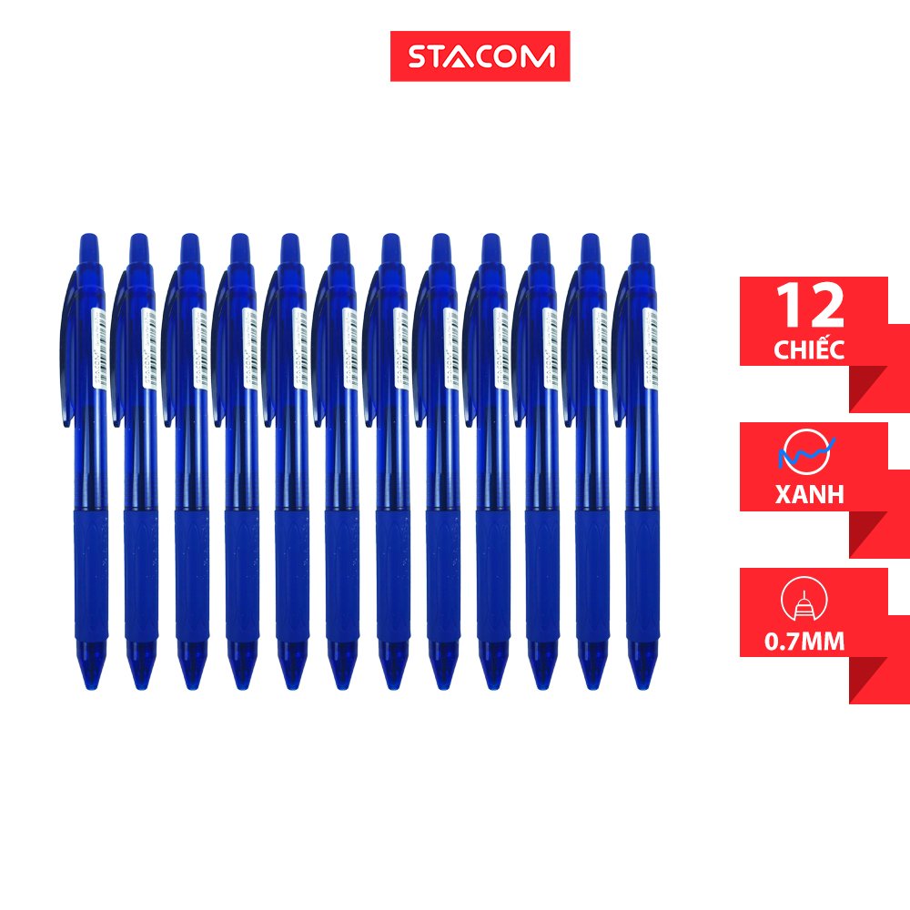 [Hộp 12 cây] Bút Bi Mực Gel STACOM Dạng Đầu Bấm Nét 0.7mm Mực Xanh - GP105