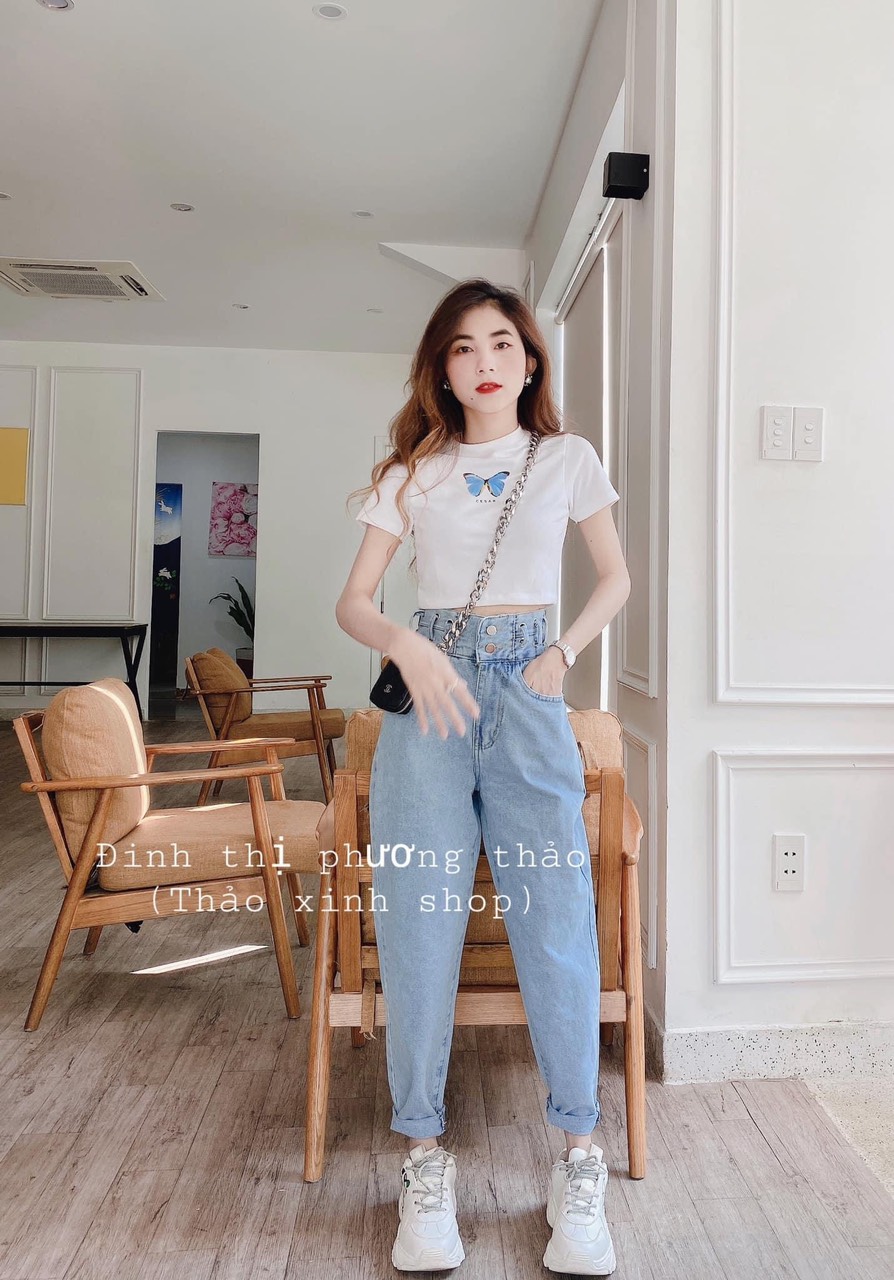 SET BAGGY JEAN 2 NÚT XỎ DÂY + CROPTOP BƯỚM