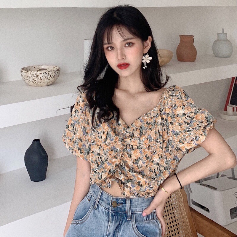 [HCM]Áo kiểu nữ In bông hoa rút dây giữa áo tay ngắn cổ V thời trang xuần hè Av115