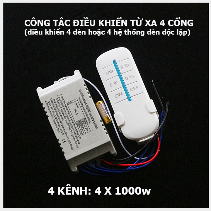 Bộ công tắc điều khiển từ xa xuyên tường 4 cổng điều khiển 4 đèn độc lập, công tắc điều khiển từ xa 4 cổng, dieu khien tu xa