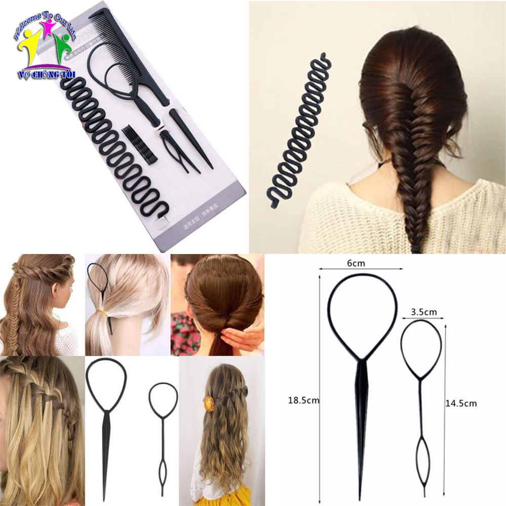 Dụng cụ tạo kiểu tóc 5 món đa năng, chải bới, búi tóc củ tỏi tròn, tết tóc thắt bính tại nhà - thương hiệu VỢ CHỒNG TÔI