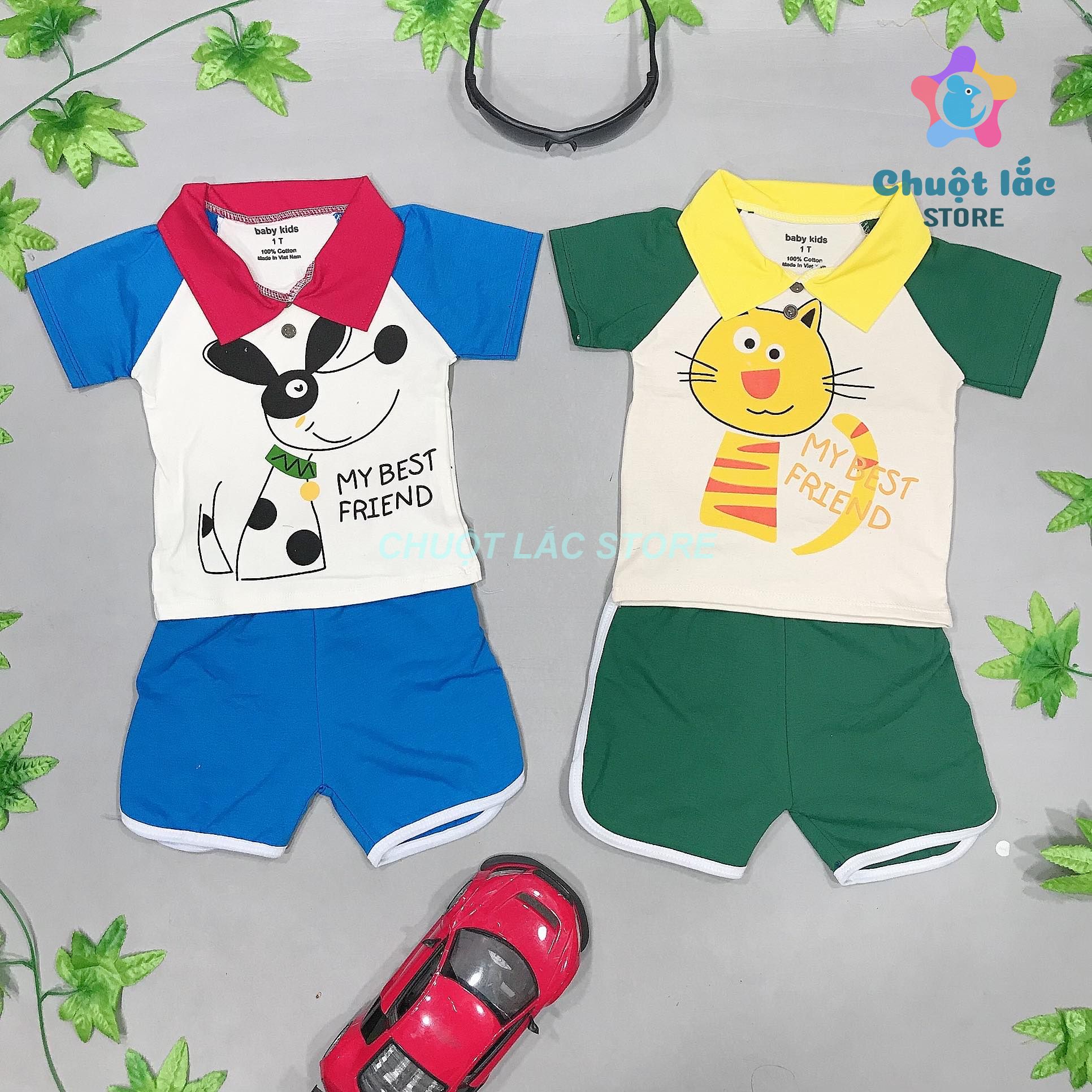 Quần áo bé trai, bộ bé trai có cổ thun cotton tici mềm mại, co giãn tốt in hình chó mèo cho bé từ 8kg đến 18kg