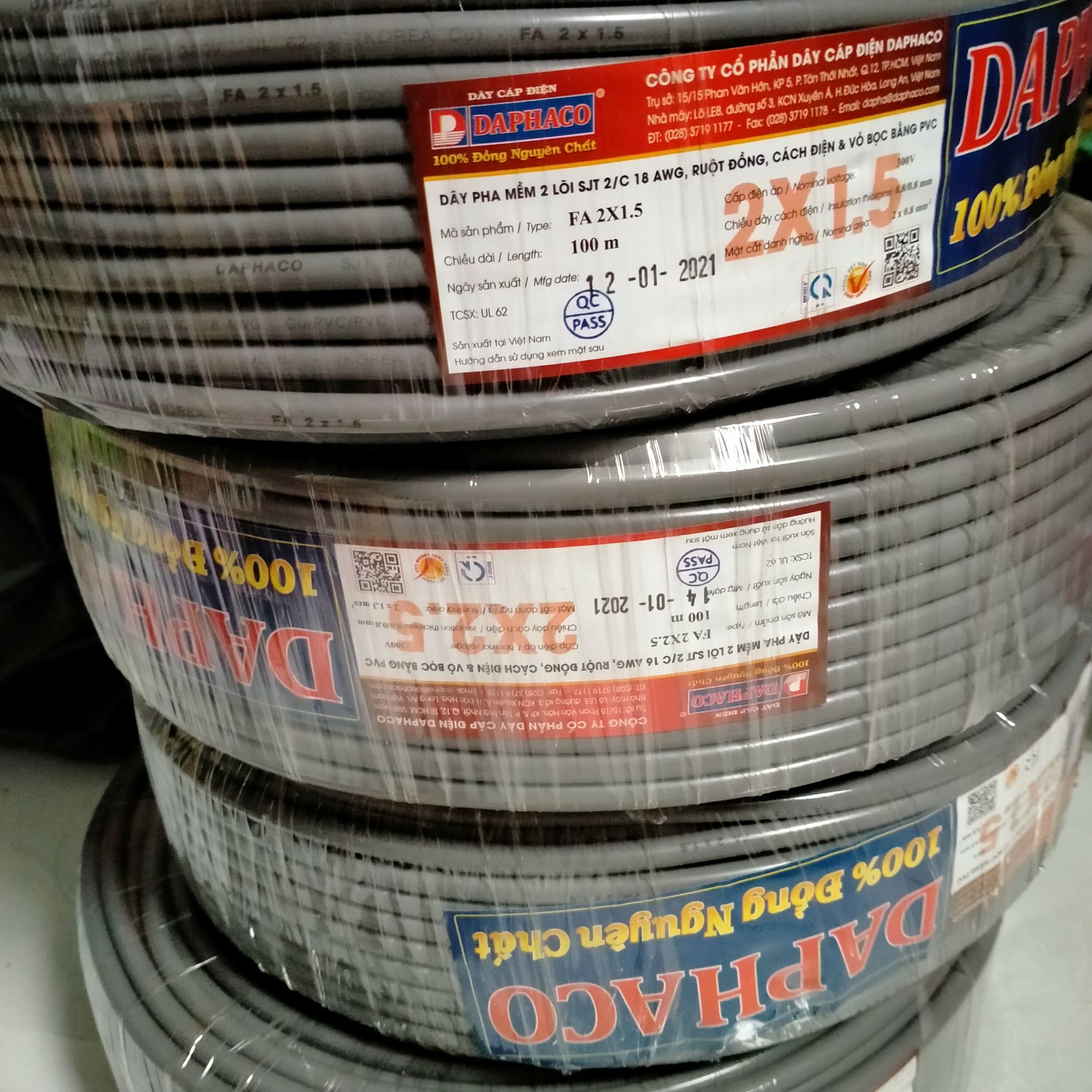 Dây điện đôi 2x1.5 & 2x2.5 bọc nhựa xám DAPHACO