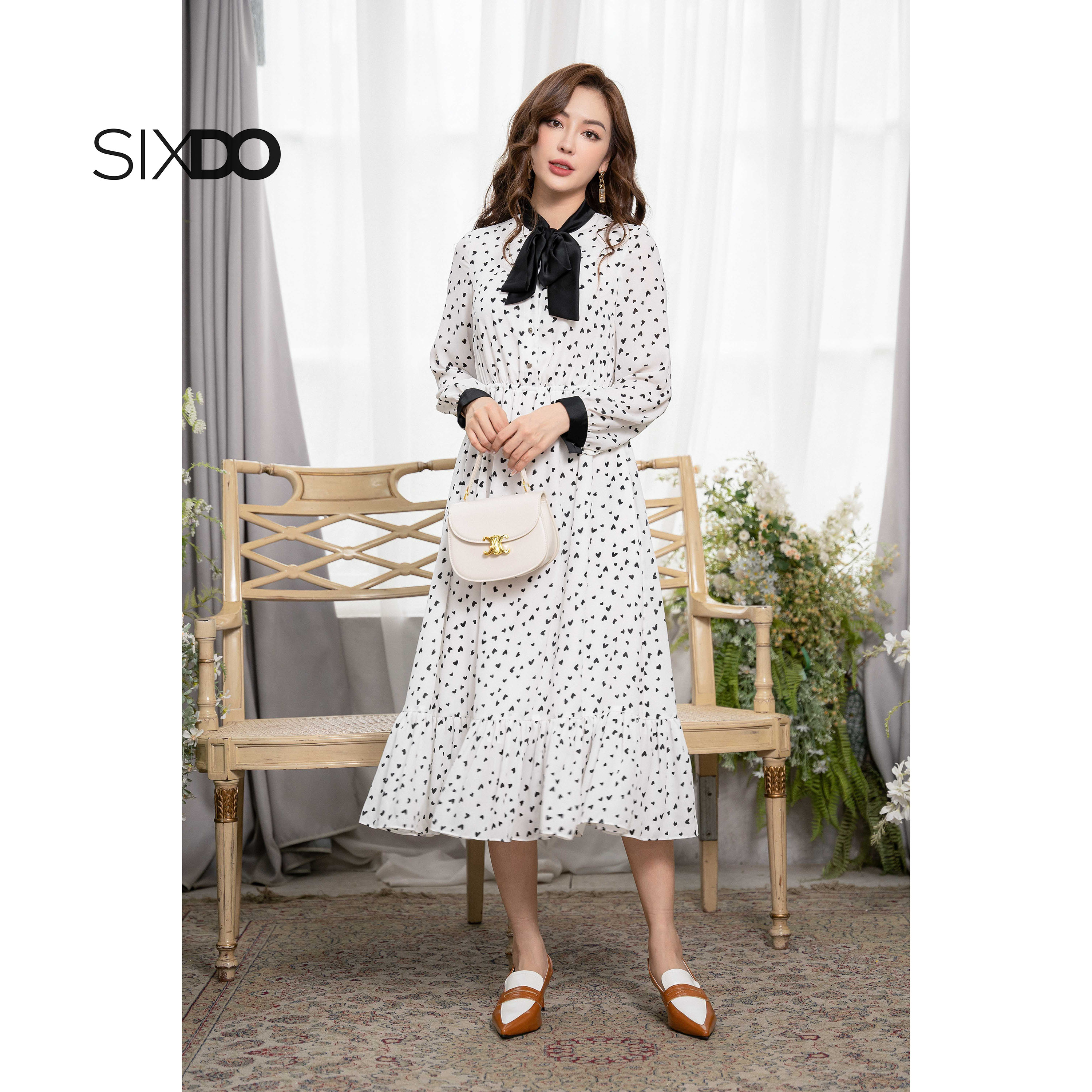 Đầm chiffon trắng họa tiết trái tim SIXDO (White Midi Chiffon Dress With Bowtie)