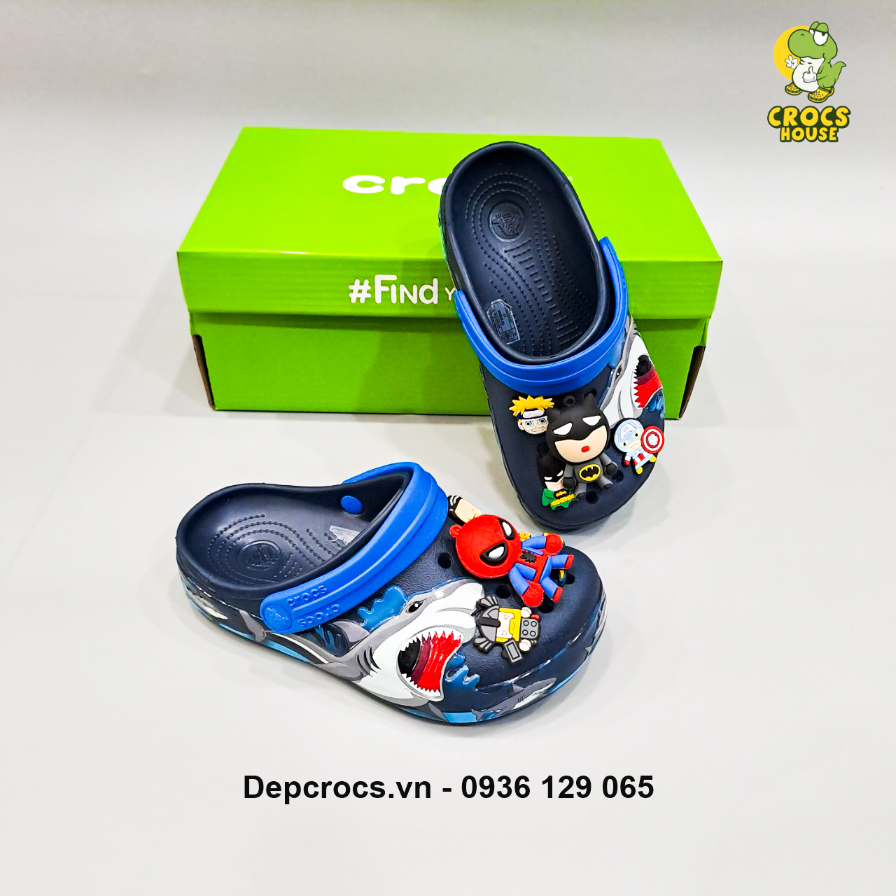 Dép sục croos trẻ em band funlab shark clog xanh navy tặng kèm sticker 2d - nhà cá sấu.