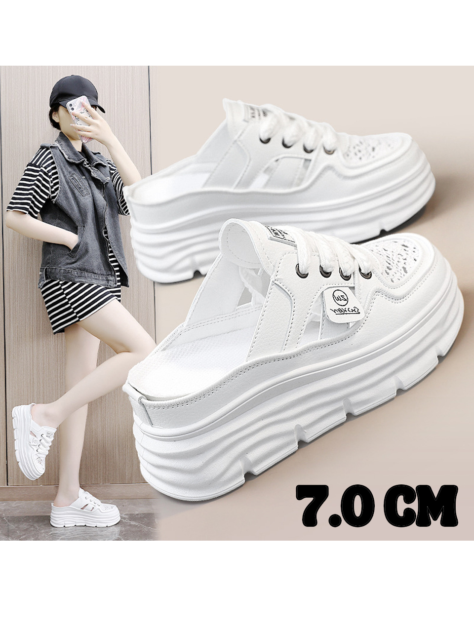 Giày sục nữ thoáng khí cao cấp 2024 giày hở gót tăng chiều cao nữ thời trang 7cm