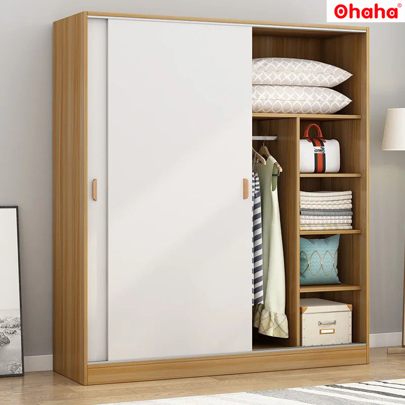 [ Freeship HCM ] [ Trả góp 0%]Tủ quần áo gỗ công nghiệp 2 cánh lùa Ohaha (ghi - trắng/trắng - vàng gỗ) - CL004