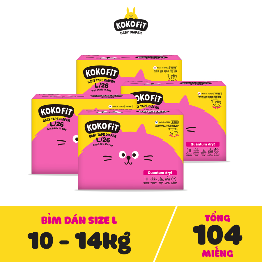 Nguyên Thùng Tã Dán KOKOFiT Hàn Quốc size L104 miếng (cho bé 10-14kg)