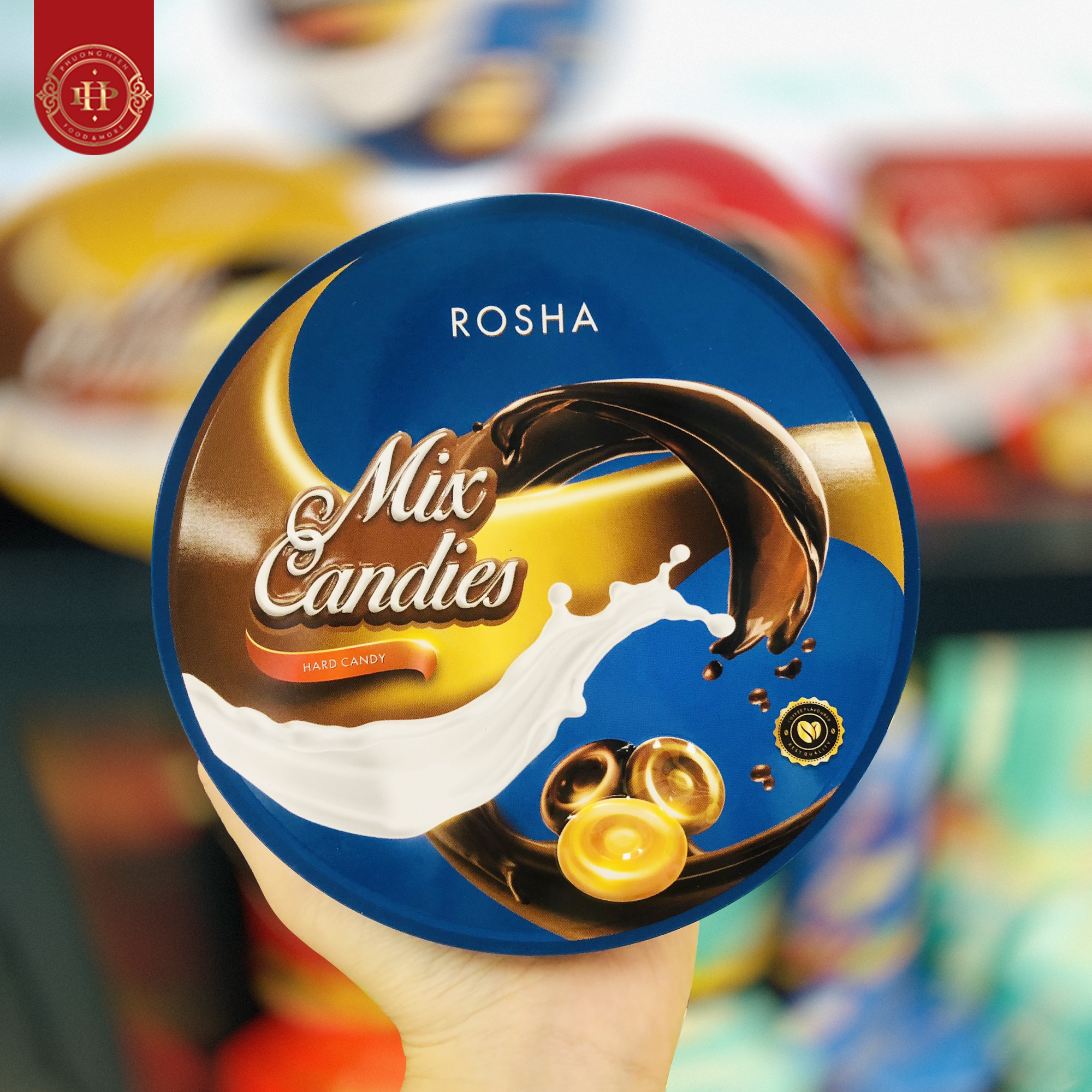 Kẹo cứng rosha hỗn hợp 120g - hộp sắt tròn