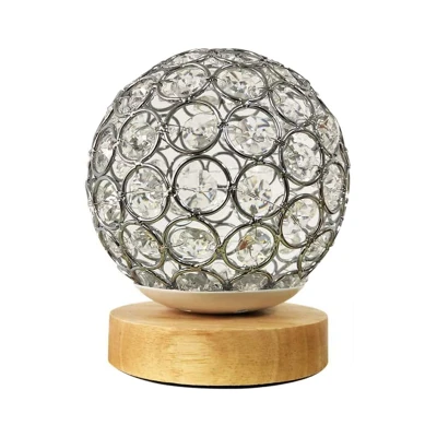 Crystal USB Table Lamp Silver Crystal Ball with Wooden Base Bedside Table Lamp Dimmable Modern Night Light for Bedroom