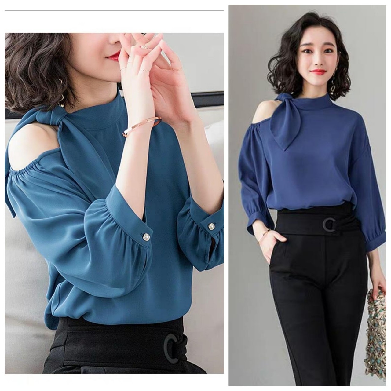 [HCM] Áo Sơ Mi Phối Nơ Vai Xanh Phi Lụa Cách Điệu BEYEU1688 - BY3320