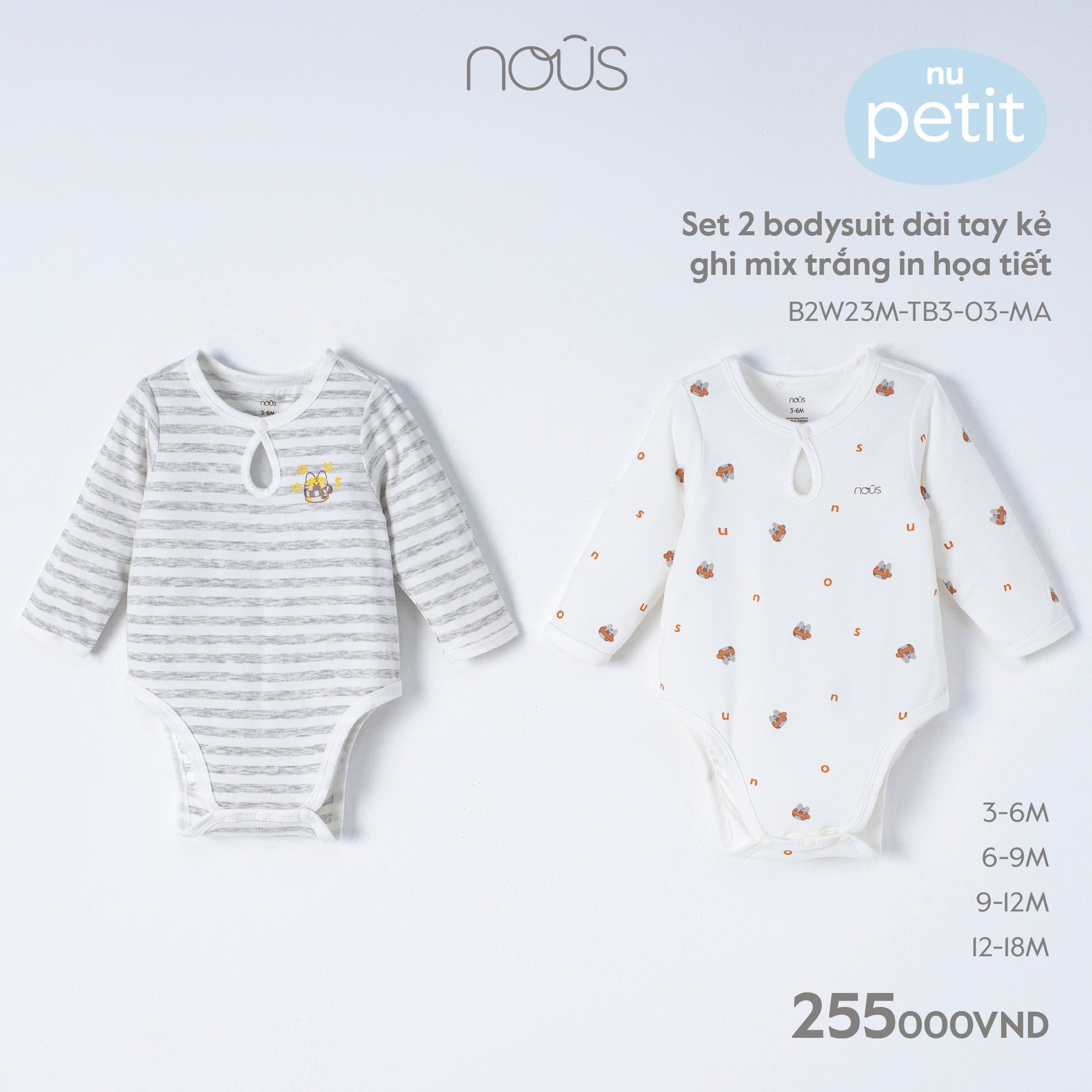 Set 2 bodysuit dài tay Nous bé gái, bé trai phối ghi trắng đáng yếu cho bé từ 3-6 tháng đến 12-18 tháng