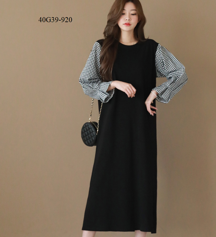 Đầm suông phối caro xẻ tà cao cấp