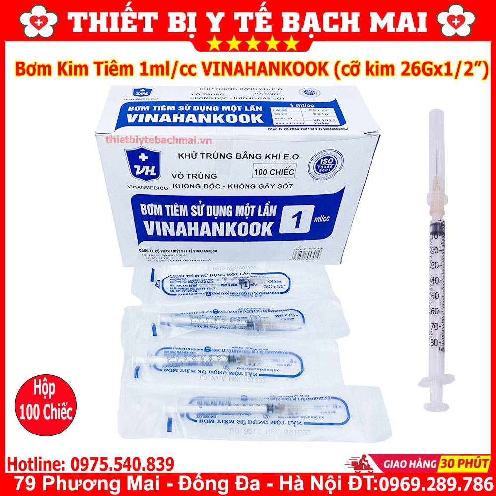 [Hộp 100] Bơm Tiêm 1ml VINAHANKOOK Đầu Kim 26G