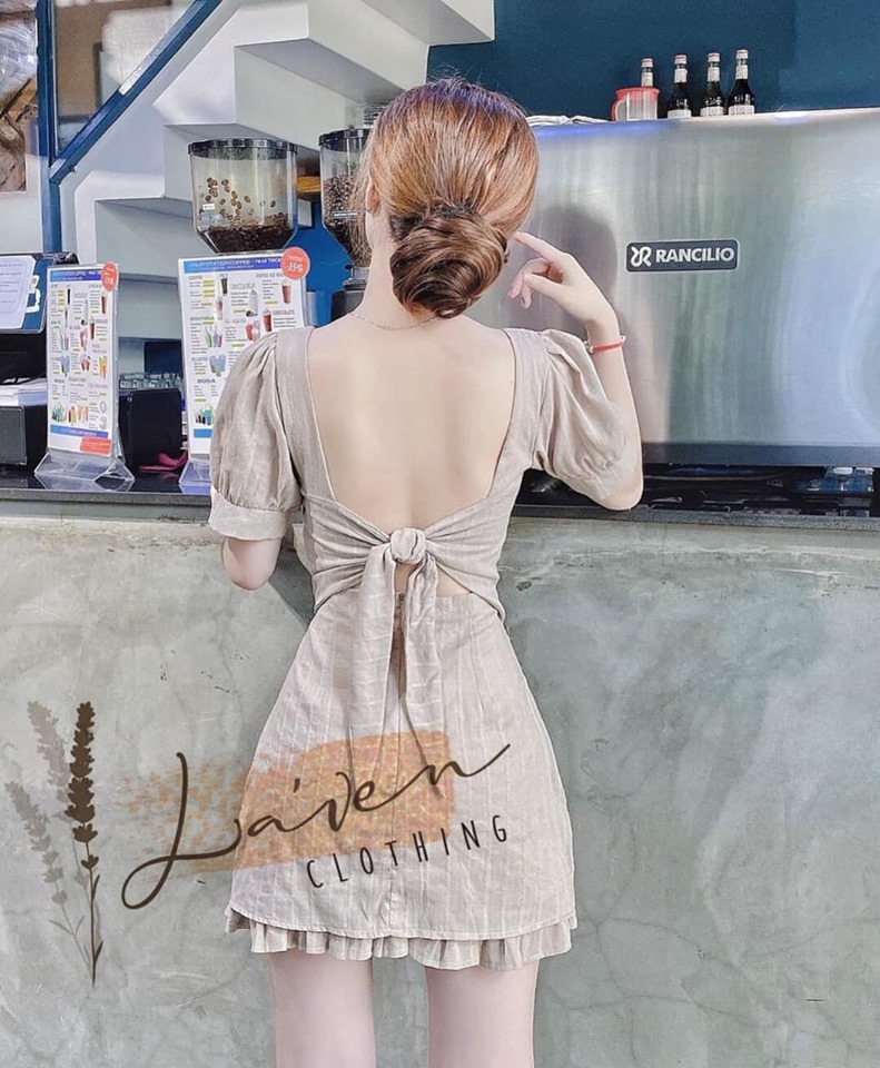 [HCM]Đầm cột nơ hở lưng tay phồng - thời trang nữ