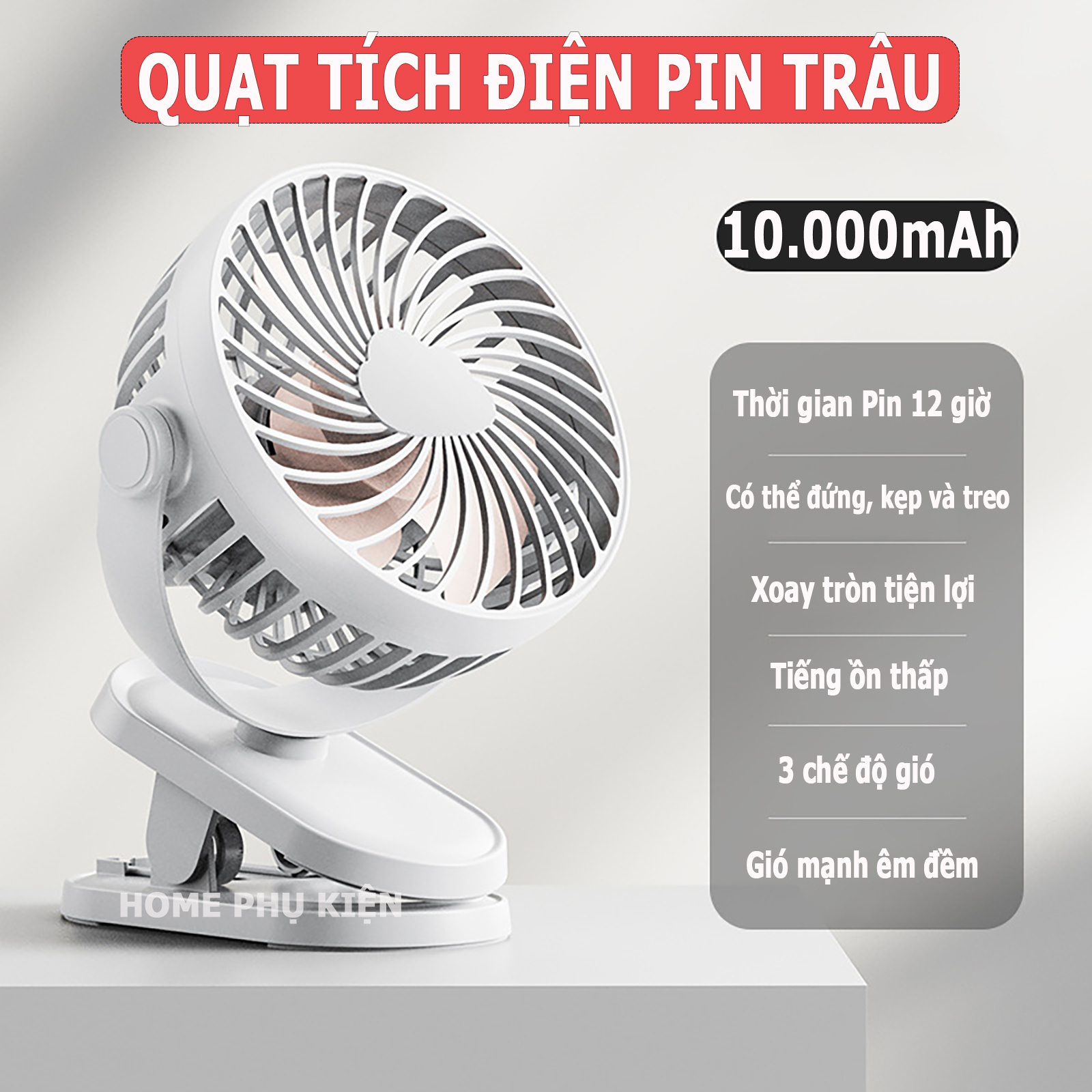 Quạt tích điện, pin trâu dùng tới 12h, quạt mini cầm tay, quạt để bàn, kẹp treo tiện lợi