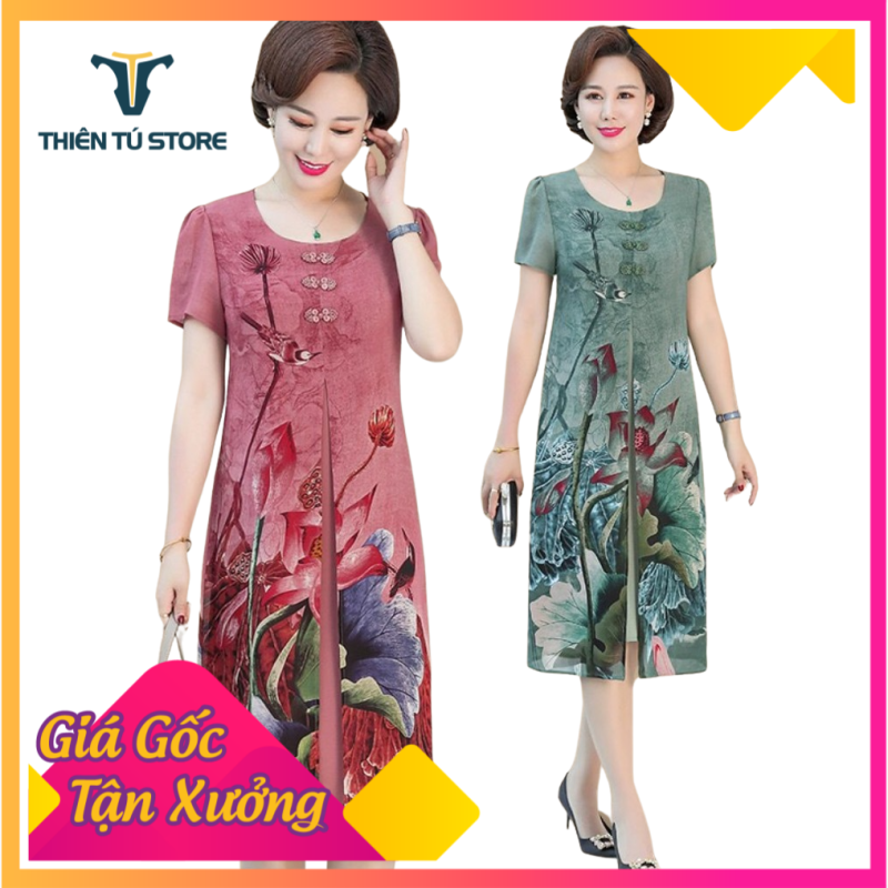 Nơi bán Đầm trung niên , đầm dự tiệc , đầm họa tiết , đầm voan lụa cao cấp họa tiết Hoa Sen chất voan lụa mềm mịn mẫu mới nhất năm 2020 LZT01679