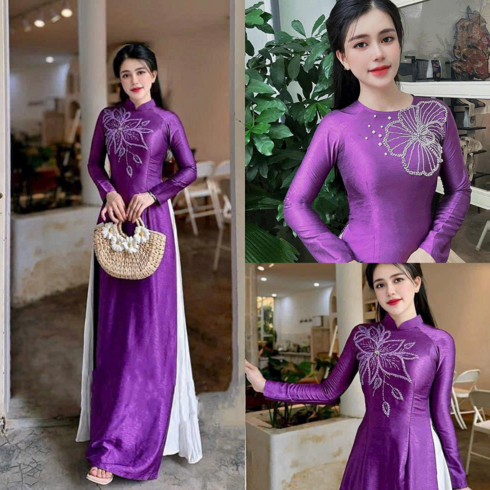 Áo dài lụa tằm mềm mát màu tím kết trai cổ tròn tay dài