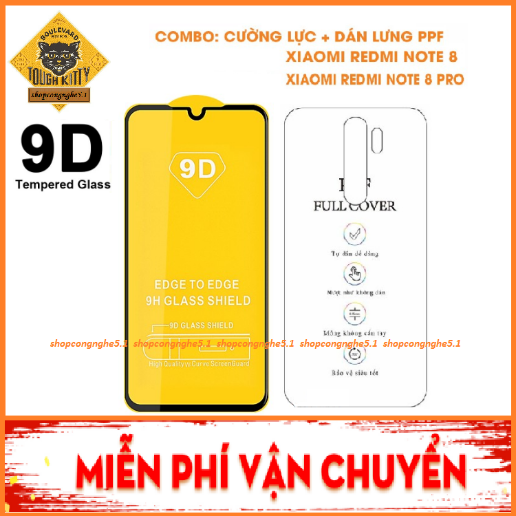 Kính cường lực Xiaomi redmi note 8 / note 8 pro full 9D viền siêu mỏng + Dán lưng PPF Ánh 7 màu cao cấp Combo 2 sản phẩm