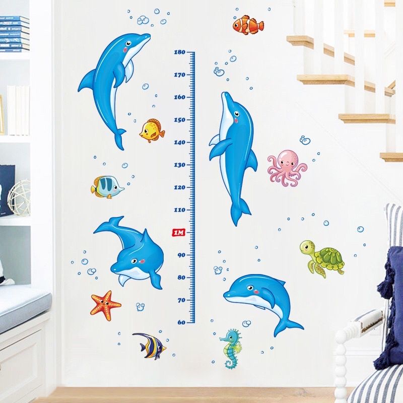 Decal dán tường thước đo chiều cao cá heo cho bé