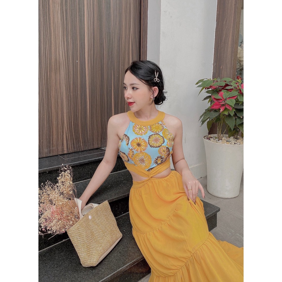 Đầm maxi đi biển phối thổ cẩm xoè