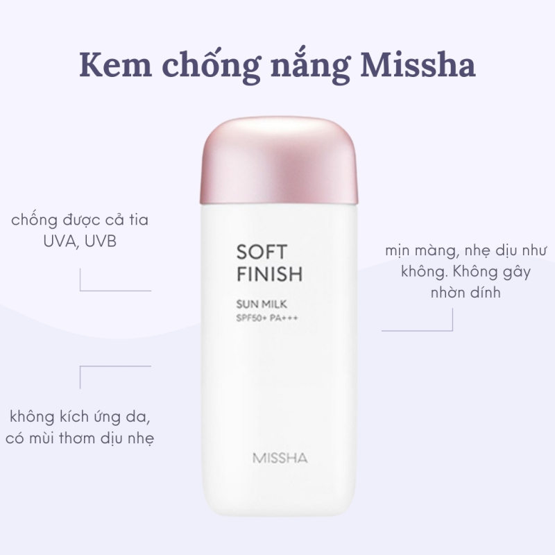 Kem chống nắng ❤𝑭𝒓𝒆𝒆𝒔𝒉𝒊𝒑❤ Missha Soft Finish Sun Milk SPF 50 PA+++ 70ml mầu hồng cao cấp