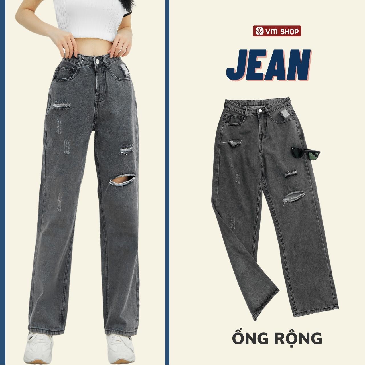 Quần jean nữ ống rộng VMSTYLE QJR00048 lưng cao hách dáng, xước rách cá tính lai thường 3529