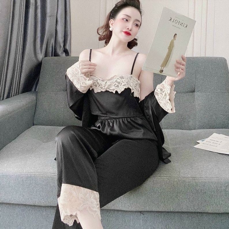 Sét bộ lụa satin 3 món siêu cute , phối ren hoa đẹp áo có cúc sau đt