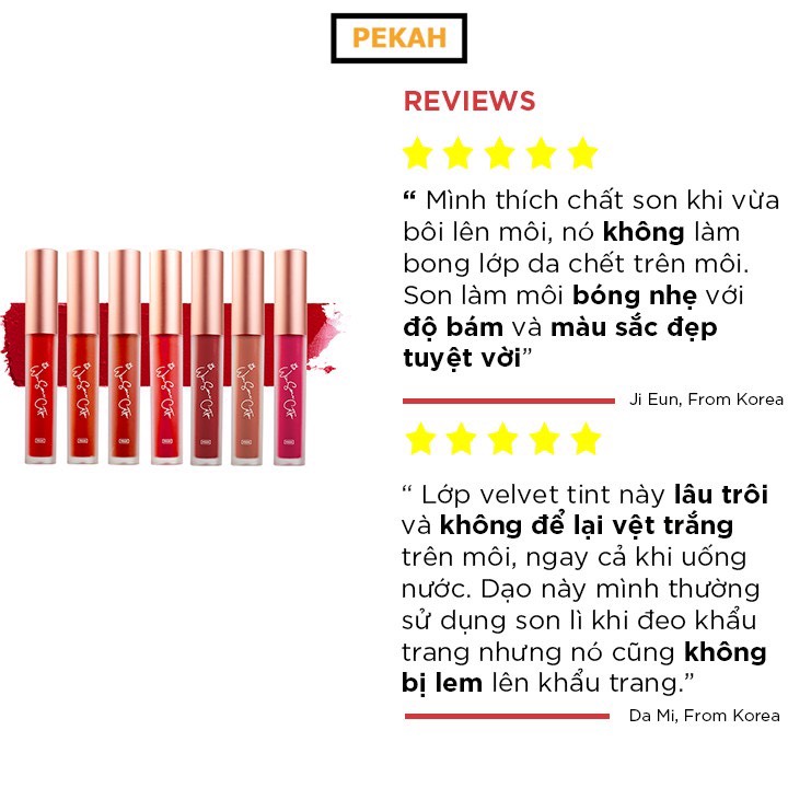 Son kem lì Pekah Winsome Cotton Tint 4.5g mềm mịn như nhung , lâu trôi và chống thấm nước