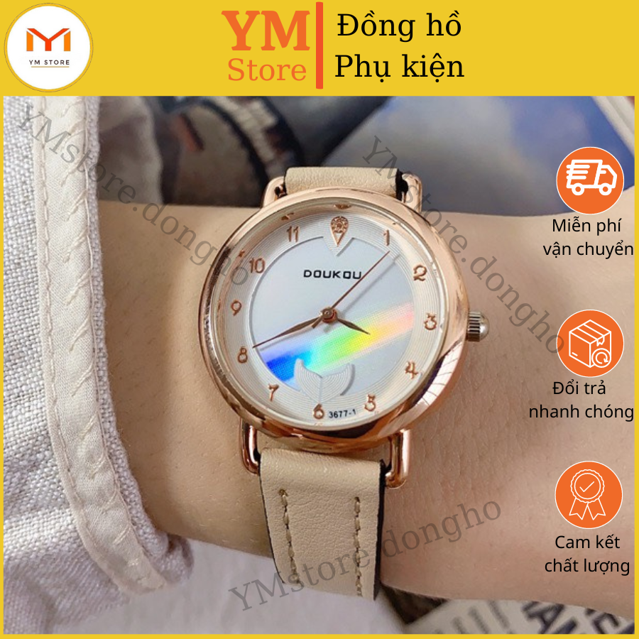 Đồng hồ nữ dây da mặt tròn Doukou phong cách Hàn Quốc