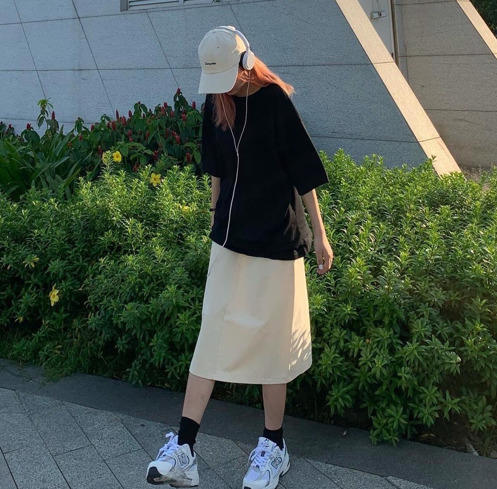 Set áo thun cotton chân váy suông dáng dài , áo phông mix chân váy kaki AD97