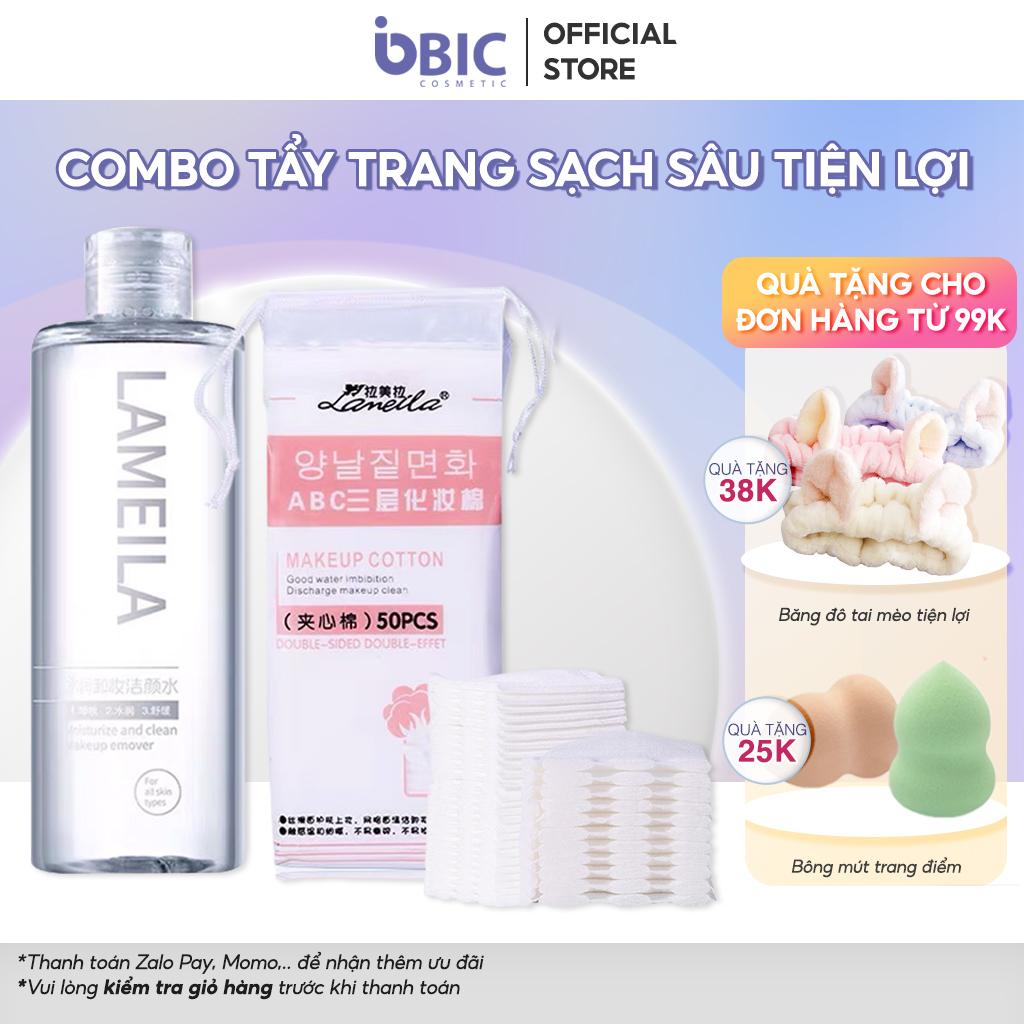 Combo Bông Tẩy Trang kết hợp Nước Tẩy Trang giúp da sạch sâu không gây kích ứng an toàn cho da dùng được cho cả nam và nữ tặng kèm set lột mụn TUTA