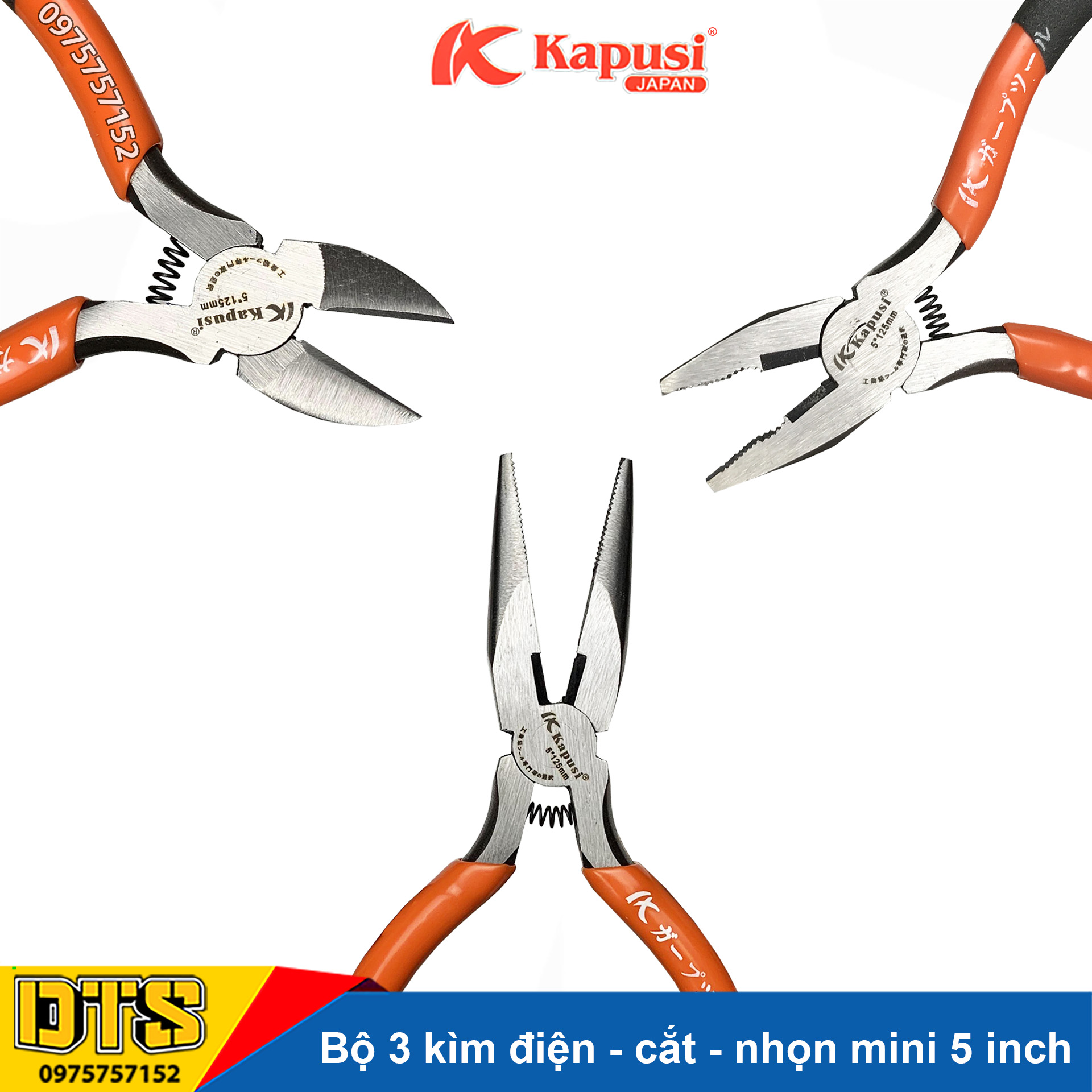 Bộ 3 kìm điện - kìm cắt - kìm nhọn mini Kapusi JAPAN 5 inch - 125mm