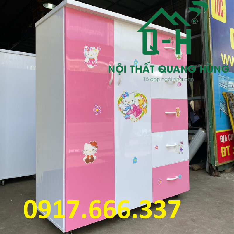 Tủ nhựa đài loan 2 cánh 5 hộc màu trắng hồng dành cho bé