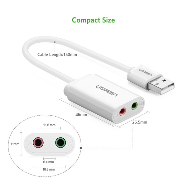 Cáp chuyển USB ra Sound UGREEN 30143 (jack 3.5mm Headphone và Microphone) Chính Hãng
