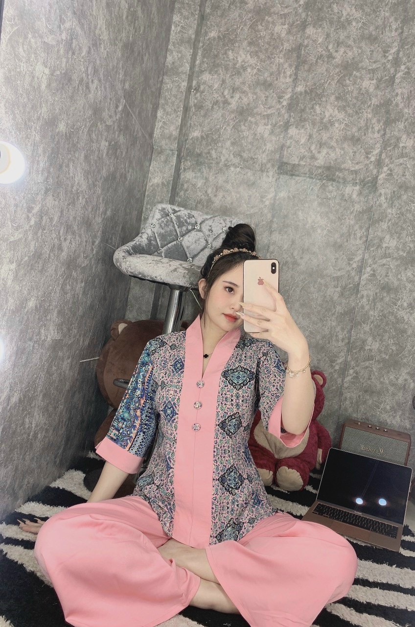 Đồ lam đi chùa # bộ bà lai lụa họa tiết thổ cẩm mẫu 1# quần áo nữ cao cấp