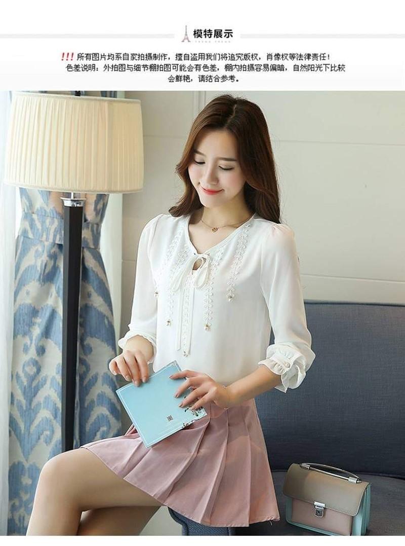 Áo Kiểu Tay Nhúng Phối Nơ T-SM0KN5 (Trắng)