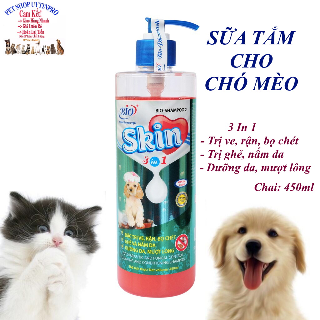 [Hoàn tiền 10%]  SỮA TẮM CHO CHÓ Bio Skin Trị Ve Rận Bọ Chét Ghẻ và Nấm Da Dưỡng Da Mượt Lông Chai 450ml Xuất xứ Việt Nam - Pet shop Uytinpro