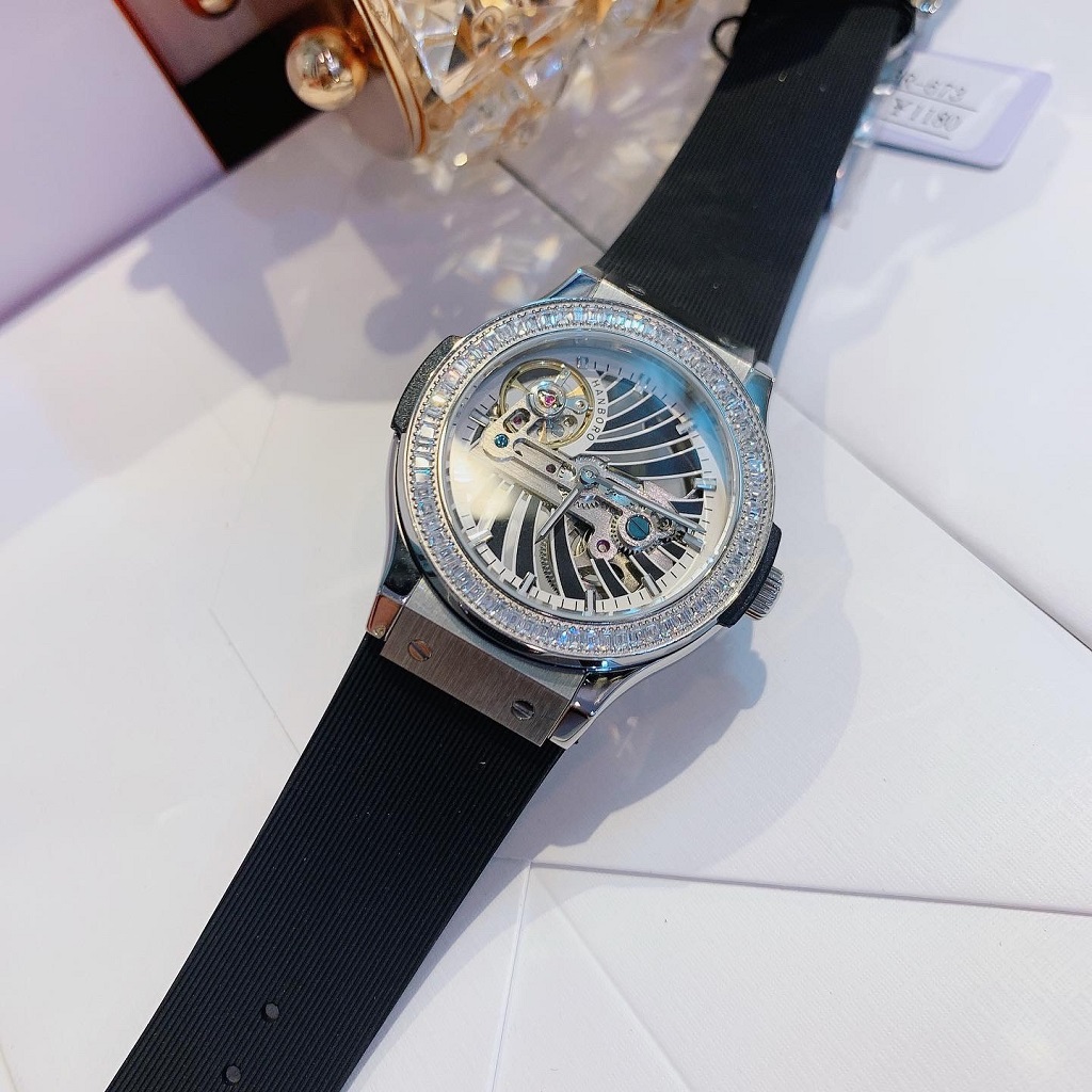 [HCM]Đồng Hồ Nữ Hanboro Automatic Dây Silicon Đen Silver Chính Hãng 36mm
