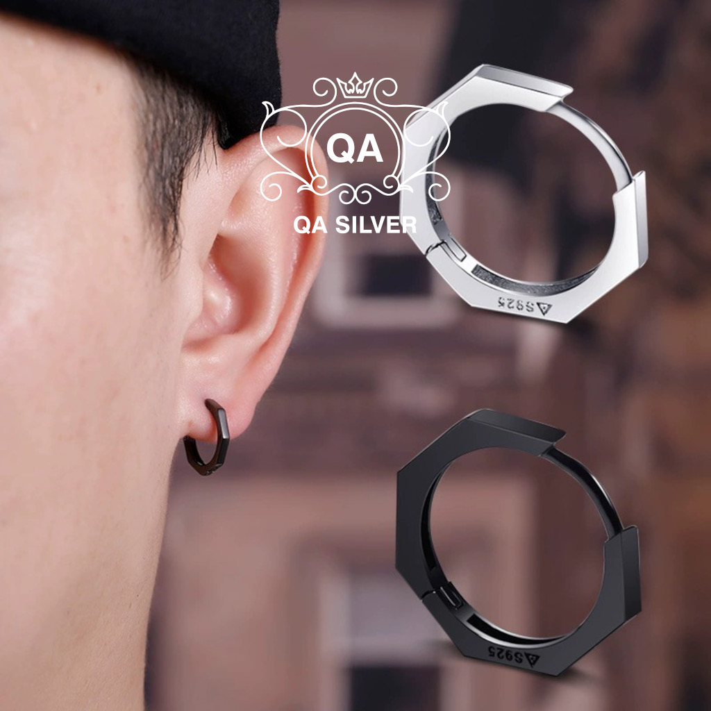 Khuyên tai bạc hình học bát giác 8 cạnh bông tai bạc đa giác khớp mở S925 GEOMETRIC Silver Earrings QA SILVER EA191010